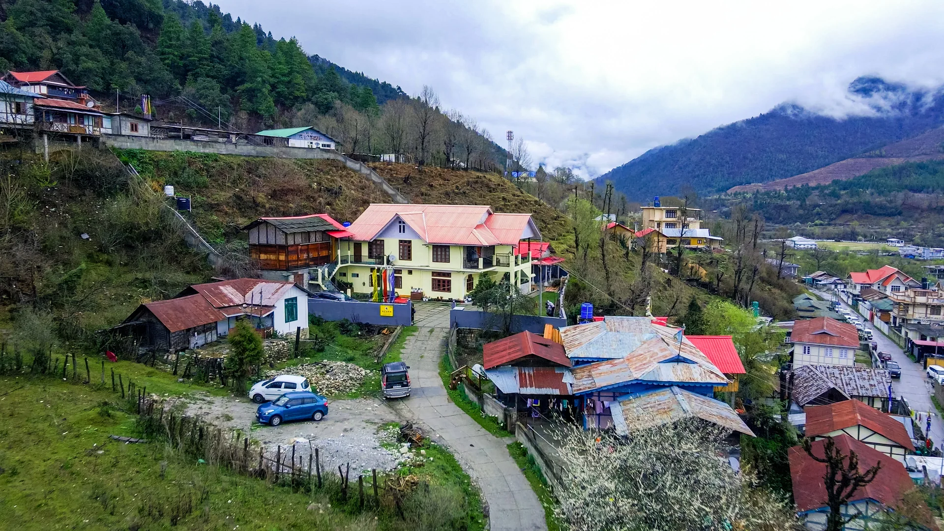 Acorn Homestay aerial view Shergaon Arunachal Pradesh hills